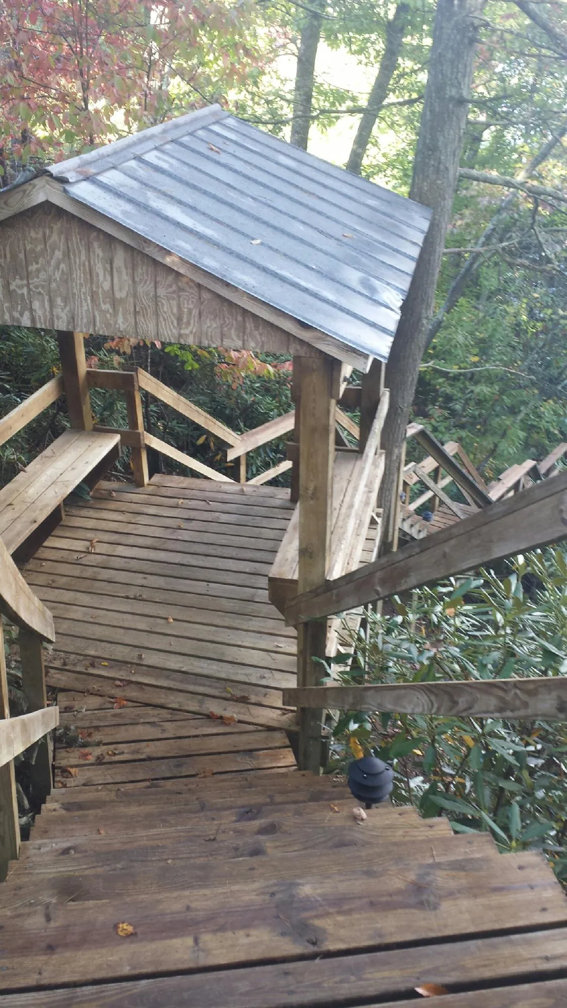 Metal roofed shelter over wooden steps on a wooded walkway — Skylight Repair & Installation work by our crew in New Buffalo
